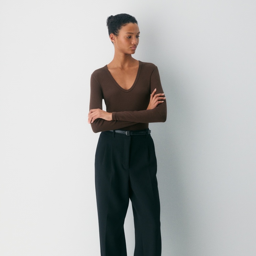 Aritzia Homestretch Rib Deep V-neck Longsleeve in Rich Mocha Brown